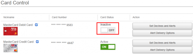 Card Control screenshot of an Inactive card status