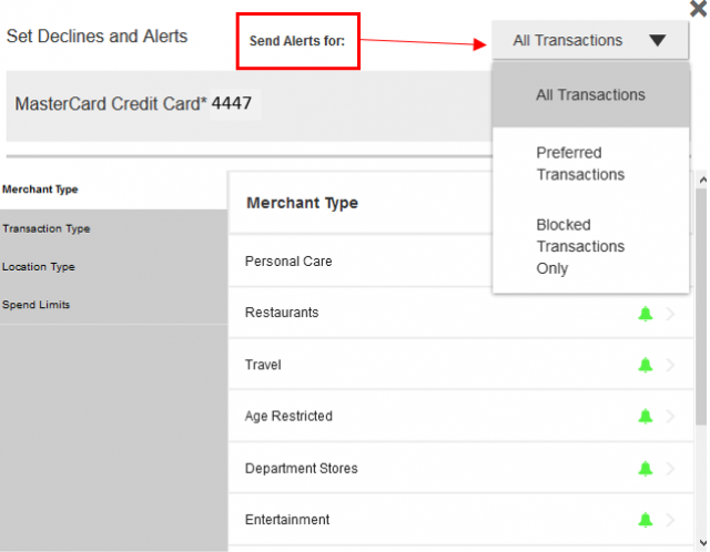 Set Declines and Alerts screen showing all the available options.